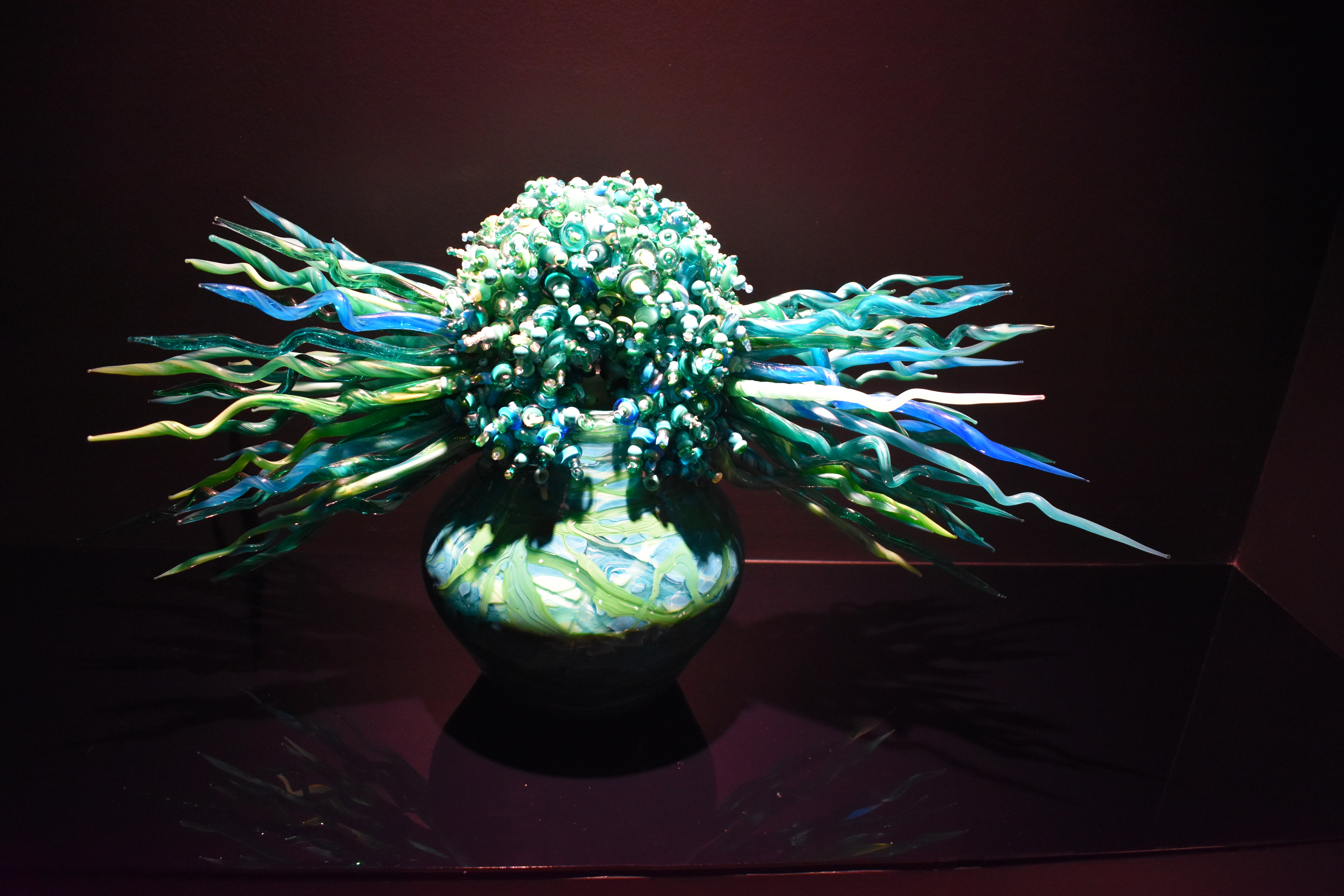 Glass art by Laura Donefer on display at the Imagine Museum. Photo by Kai Warren.