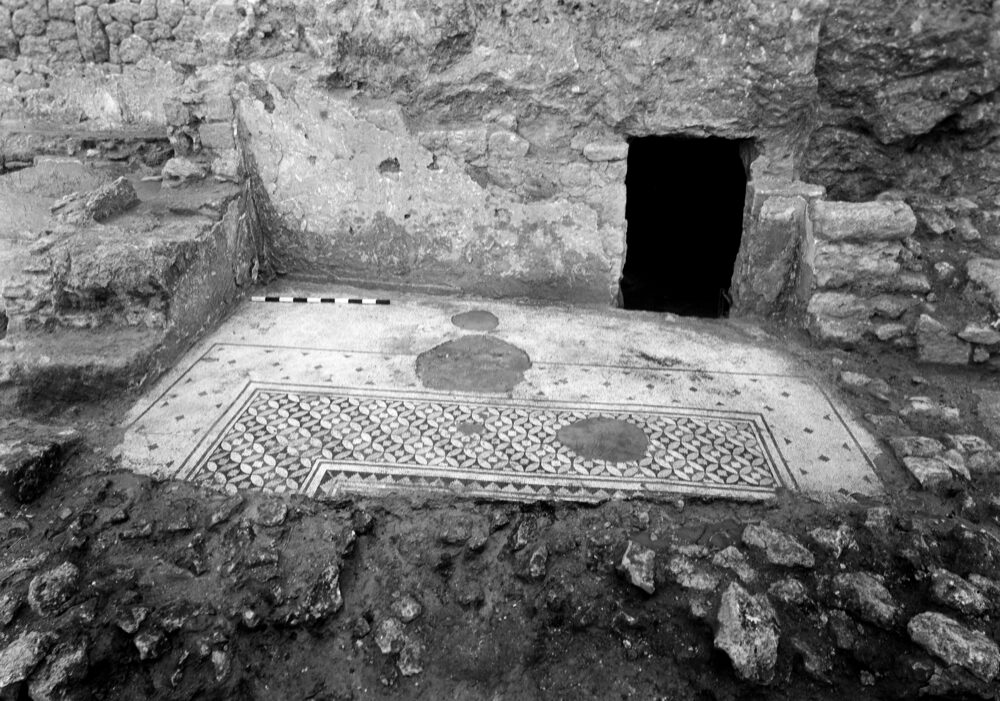 House of Iphigenia. Detail of Room 2 showing mosaic floor and door to cave. Photo courtesy of Antioch Expedition Archives, Department of Art and Archaeology, Princeton University.