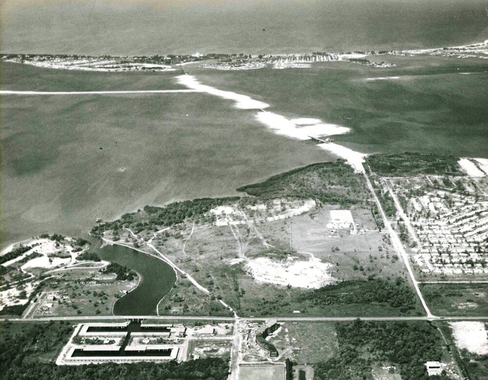 Aerial of the land that would be used for the permanent campus, taken by Airflite in Sept. 1961 (right around the time of the official Groundbreaking for the first buildings on campus). Photo courtesy of the Eckerd College Archives.