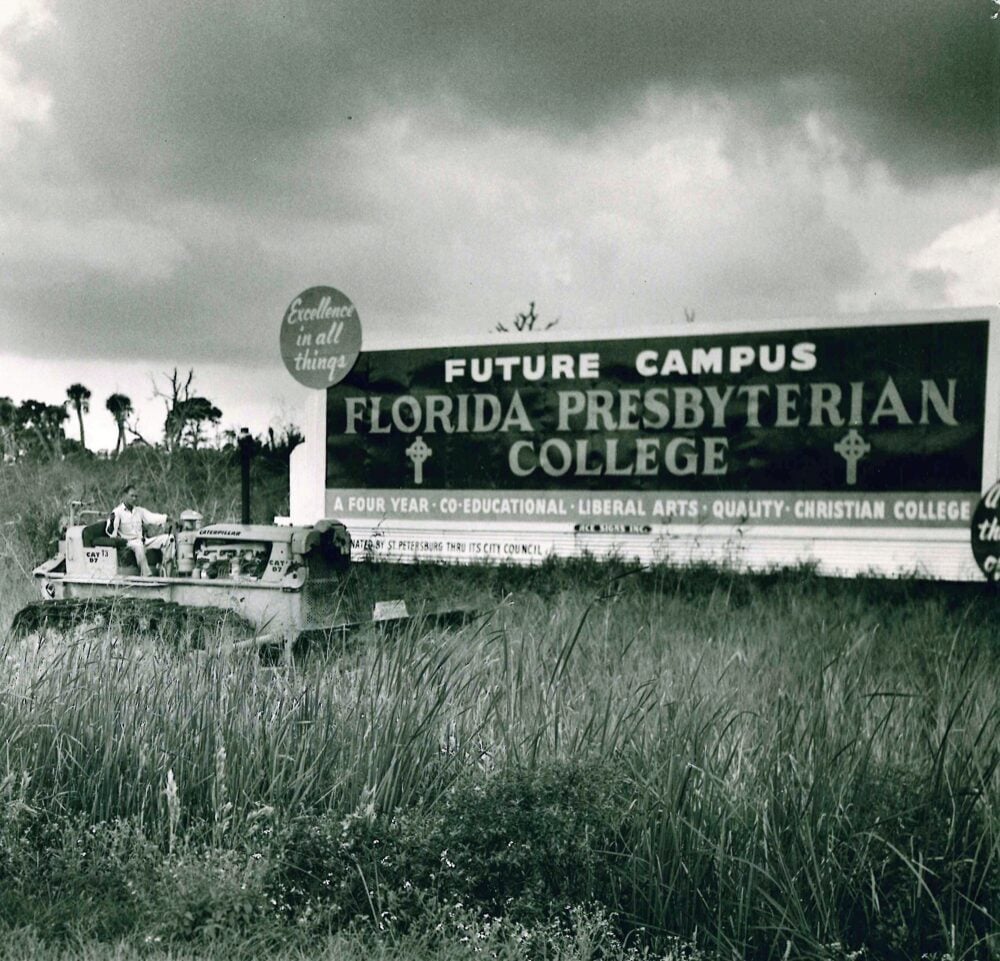 The sign that was placed near the original entrance to the permanent campus (off of 34th Street South). Photos courtesy of the Eckerd College Archives.