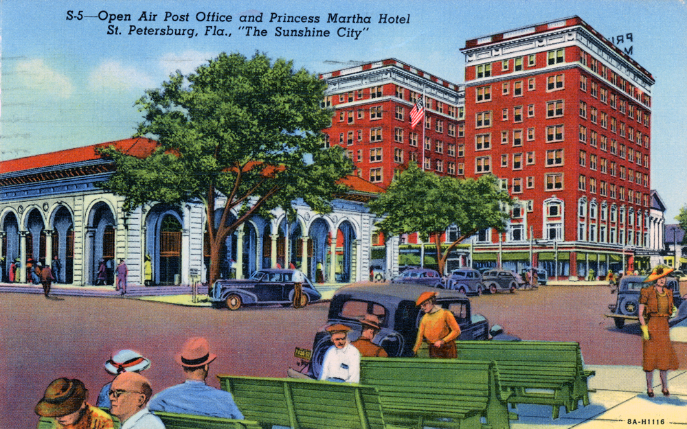 Open air post office and Princess Martha Hotel, St. Petersburg, Fla., “The Sunshine City”. 1938. Hand-colored postcard. State Archives of Florida, Florida Memory.