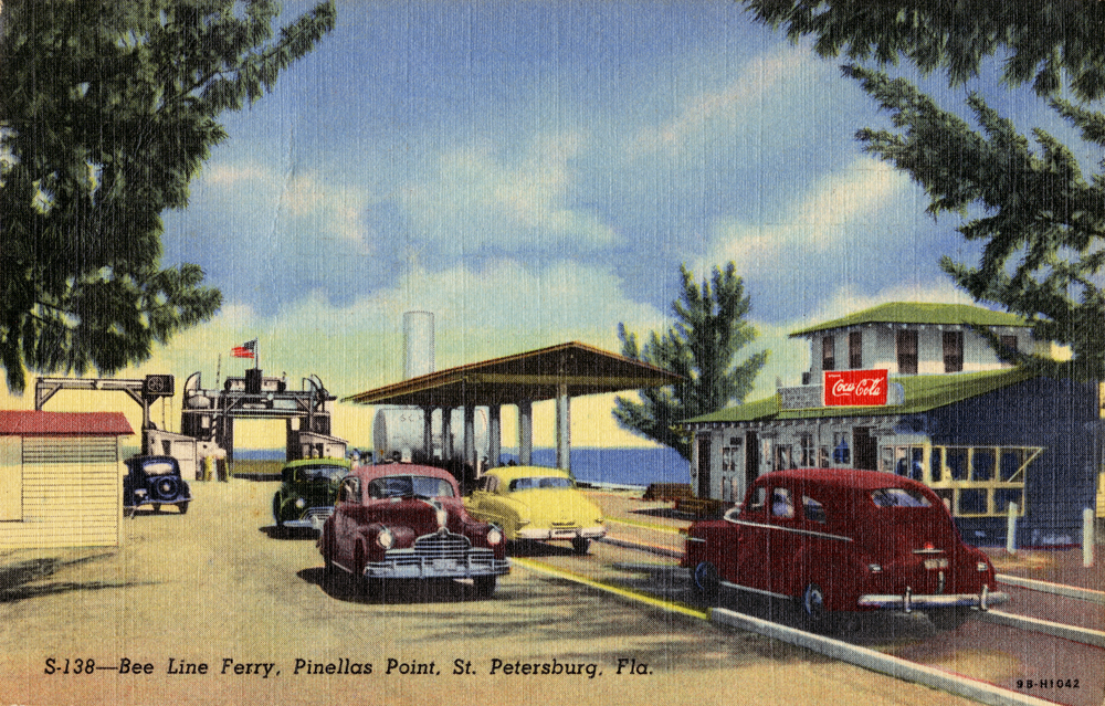 Bee Line Ferry, Pinellas Point, St. Petersburg, Fla. 1949. Hand-colored postcard. State Archives of Florida, Florida Memory.
