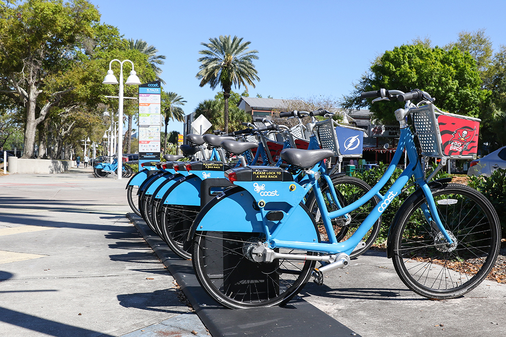 For the month of April, Coast Bike Share encourages you to take the #CarFreeStPete Challenge to drive your car less and choose sustainable transportation instead. Photo by Brian Brakebill.