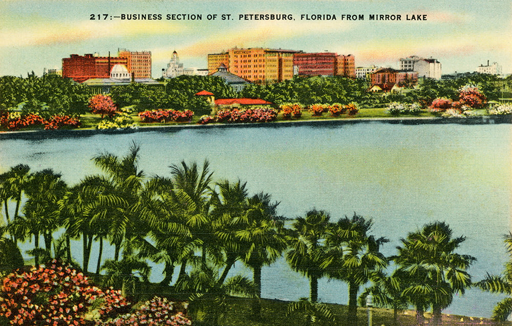 Business section of Saint Petersburg, Florida from Mirror Lake. 19--?. Color postcard. State Archives of Florida, Florida Memory.