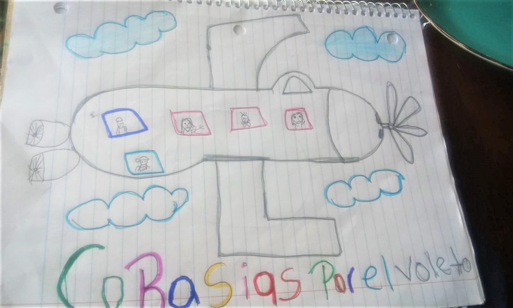 Drawing by 3-year-old Sofi given as a thank-you to Miles4Migrants for uniting her family. Border Patrol originally made her choose which family member could cross the border with her. M4M provided free flights for this family of five to reach relatives within the U.S. once CBP/ICE released them. Photos courtesy of Miles4Migrants