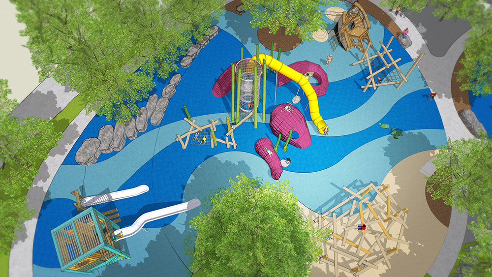 Aerial rendering of the new St. Pete Pier Playground. Renderings and Sketch courtesy of Earthscape Play