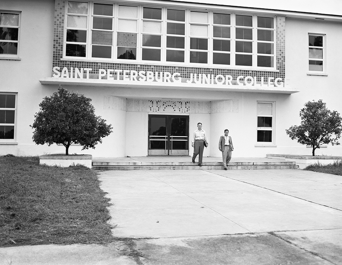 Charles Burke and George Ateek leaving Saint Petersburg Junior College - Saint Petersburg, Florida. 1947-09-28. State Archives of Florida, Florida Memory.