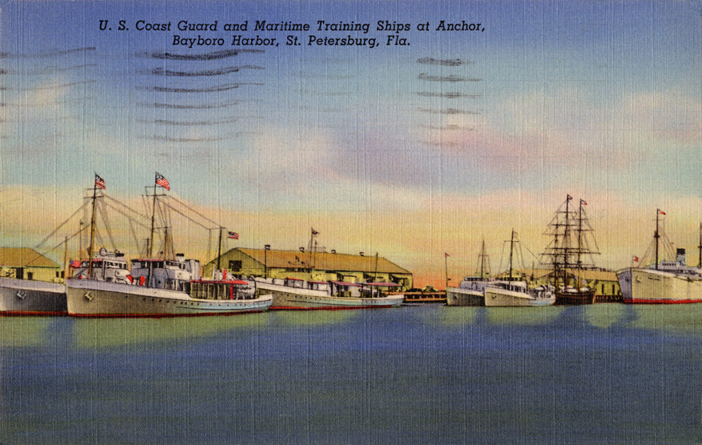 U.S. Coast Guard and maritime training ships at anchor, Bayboro Harbor, St. Petersburg, Fla. 1940. State Archives of Florida, Florida Memory