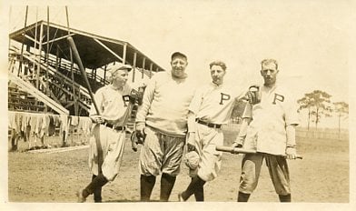 Baseball writers, Coffee Pot Park, 1914. L-R: Jimmy Gantz, Robert Maxwell, Da? Hittman, Jim Nasium. On the back of the photograph, Coffee Pot Park is stated as being at “1st St N at Grenada Terrace. Photo courtesy of the St. Petersburg Museum of History