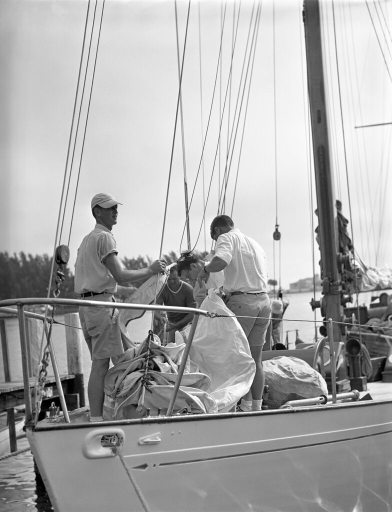 Johnson, Francis P. Close-up view showing boaters at the marina preparing for the Saint Petersburg-Havana Yacht Race. 1950 (circa). State Archives of Florida, Florida Memory. 